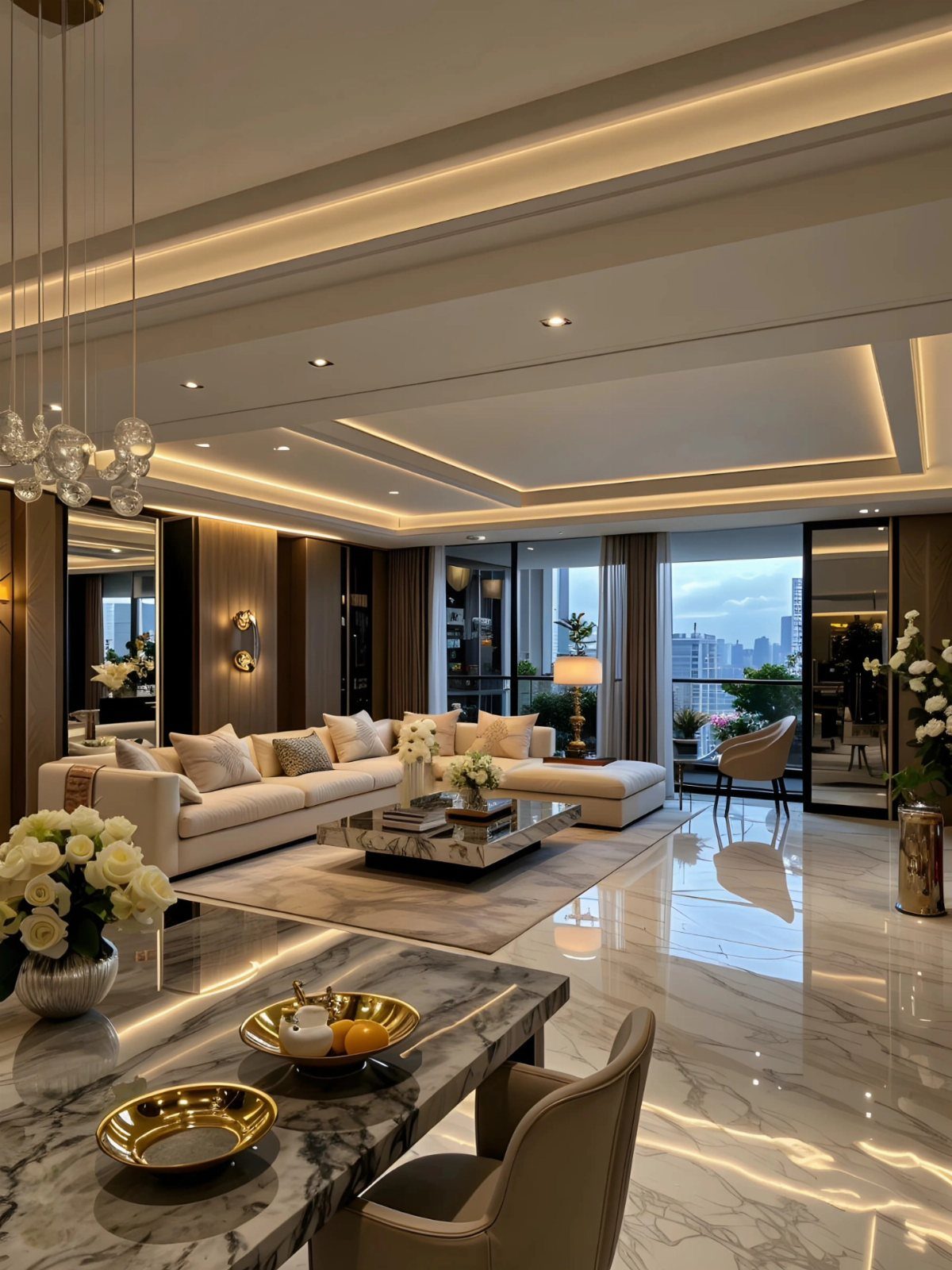 Polished white marble floors reflecting warm light in a luxury modern living room with cream furniture.