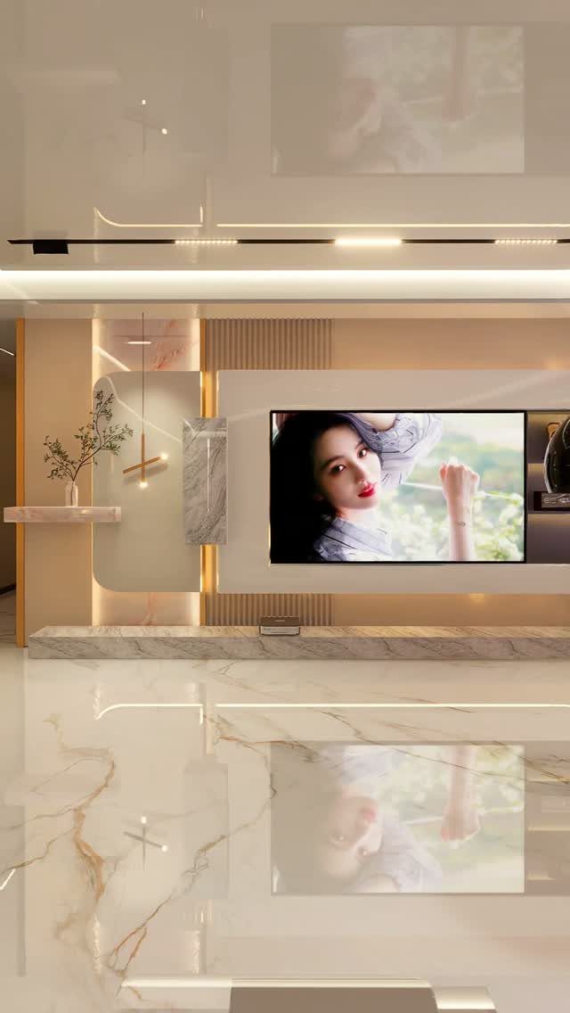 Polished white marble floor with gold veins in a modern living room with a television.