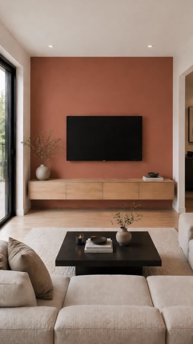 Terracotta accent wall with a mounted television and a light wood floating console in a living room.