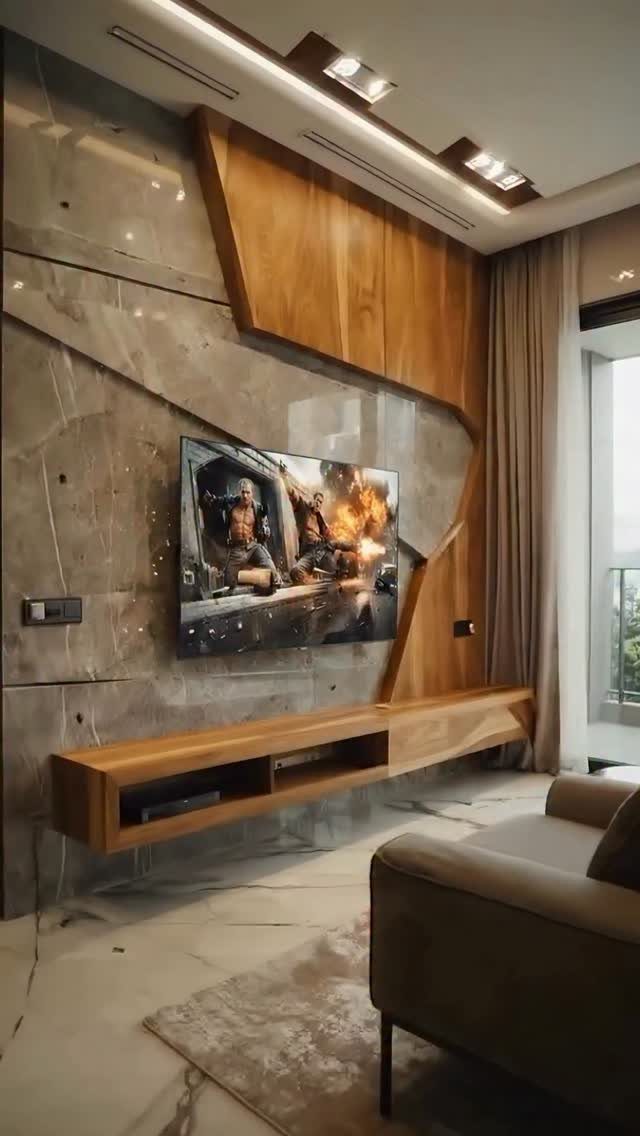 Modern media wall with grey marble panels, geometric wood cabinetry, and a floating wooden TV console.