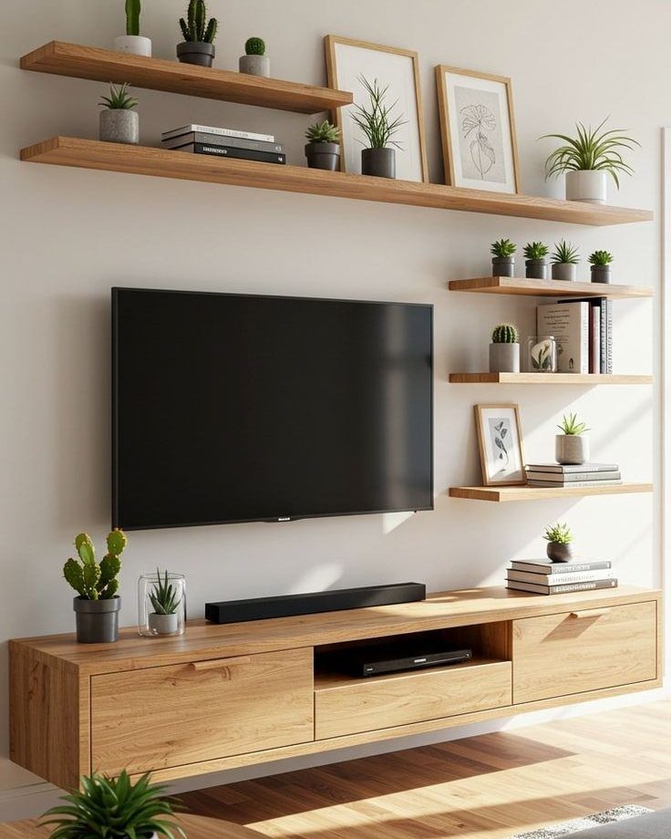 Wooden floating shelves holding plants and books arranged around a wall-mounted television.