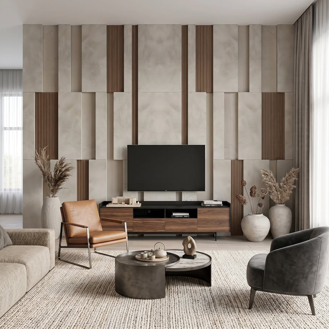 Geometric wood paneling decorates a modern living room wall behind a mounted television.