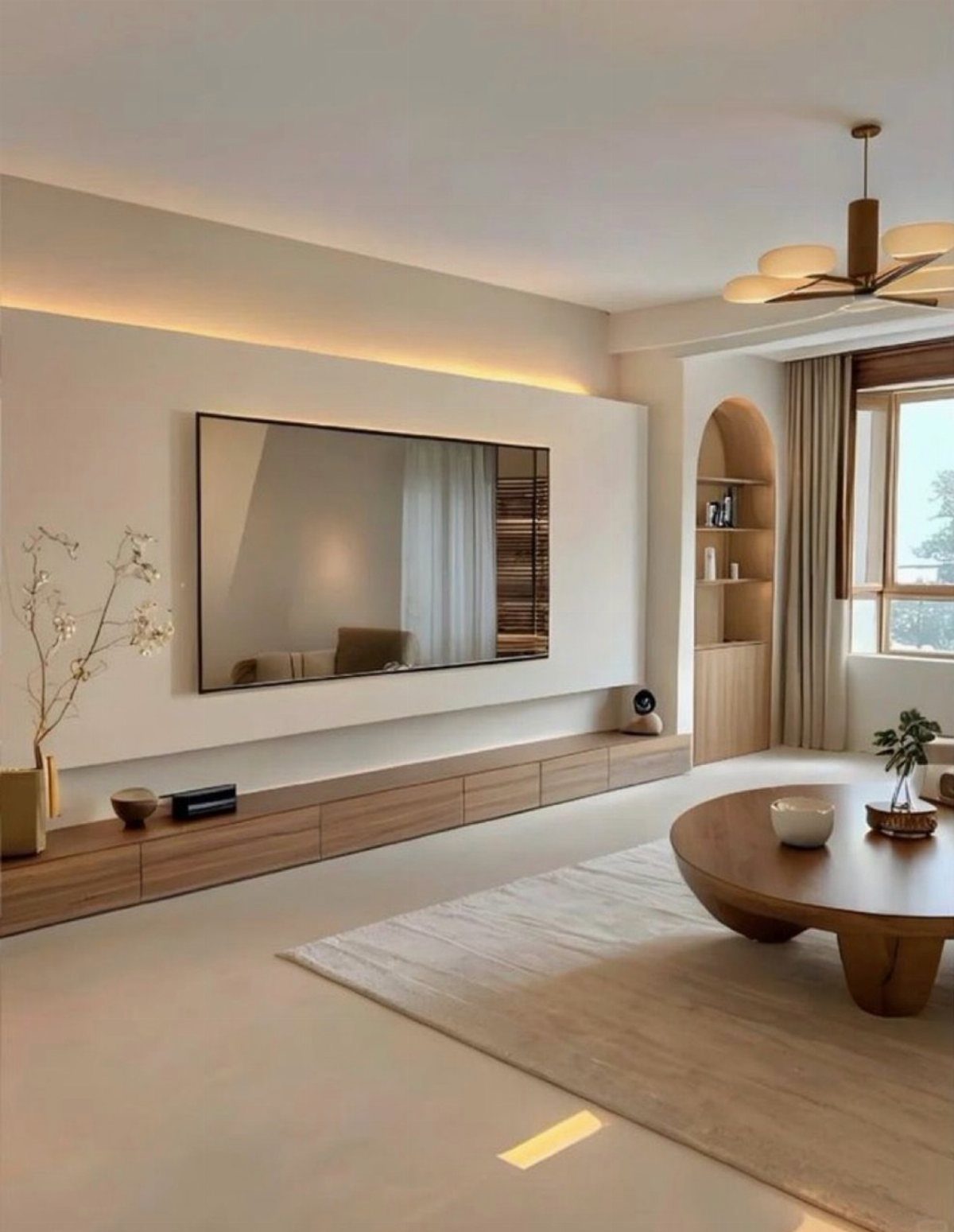 A large television mounted above a long, minimalist wooden floating media unit in a modern living room.