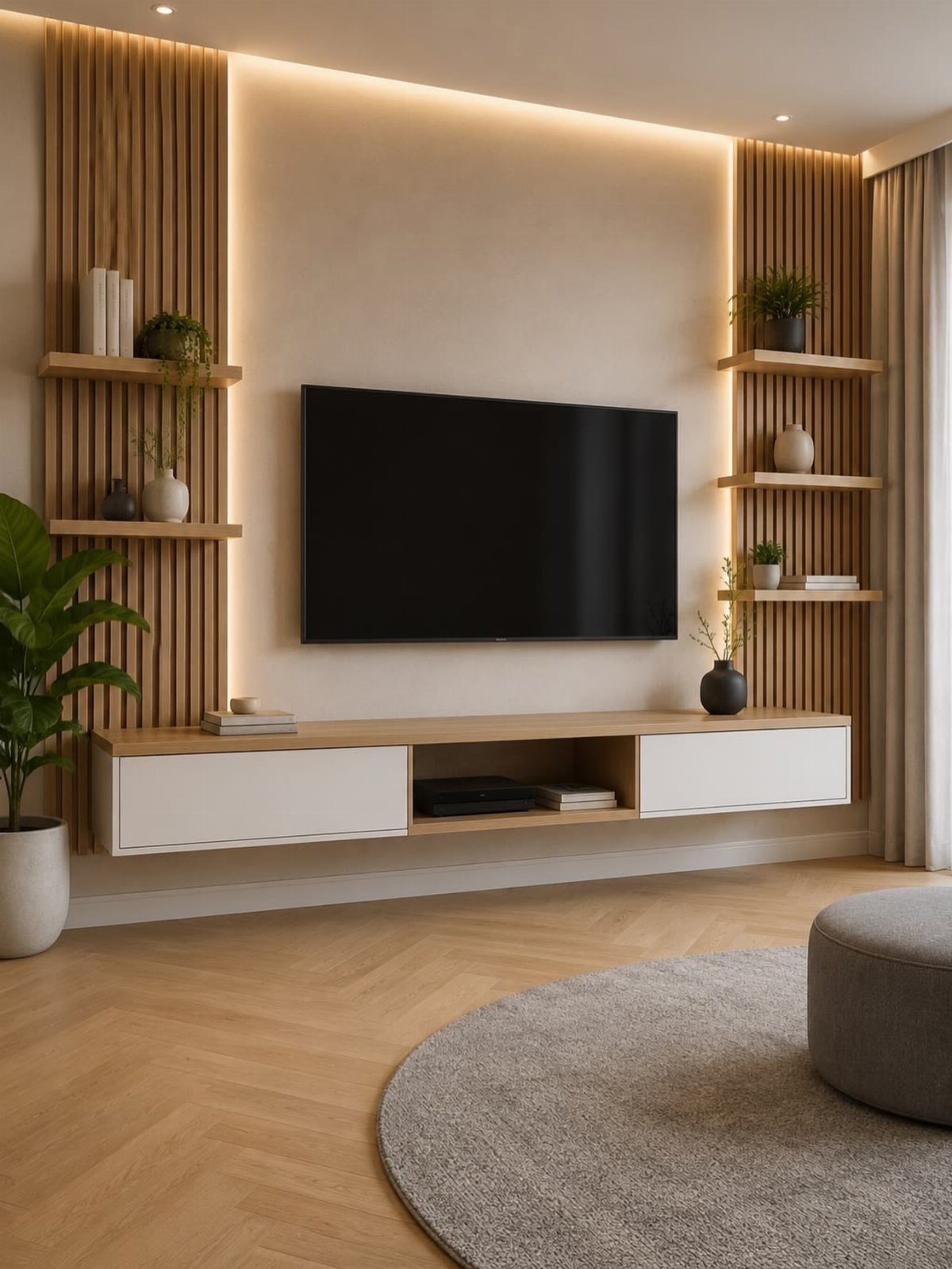 A modern media wall with vertical wood slats, floating shelves, and a large television.