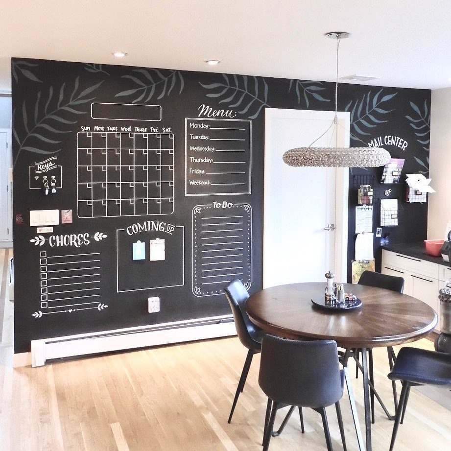 A black chalkboard wall with white hand-drawn calendars, menus, and lists in a dining room.