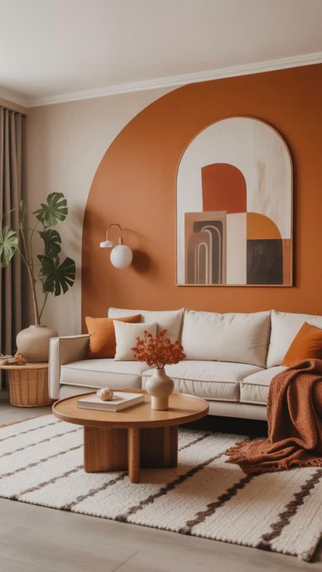 Terracotta arched paint design on a beige wall behind a cream sofa and wooden coffee table.