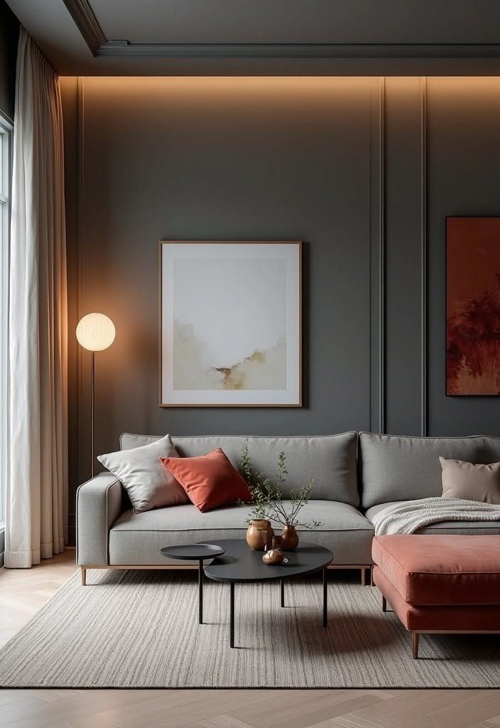 Charcoal grey accent wall with molding behind a grey sofa and modern furniture.