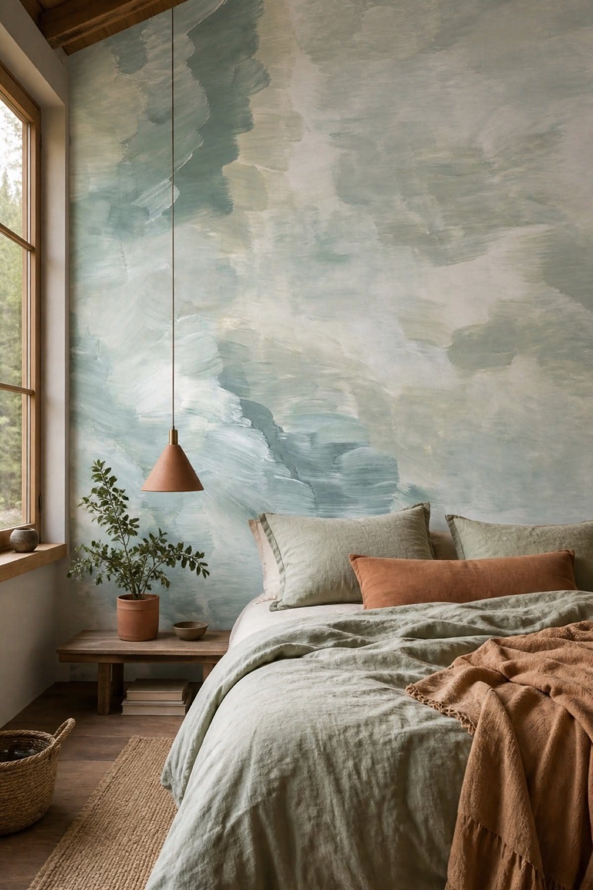 A bedroom with a sage green and blue painterly mural accent wall, light green bedding, and a terracotta pillow.
