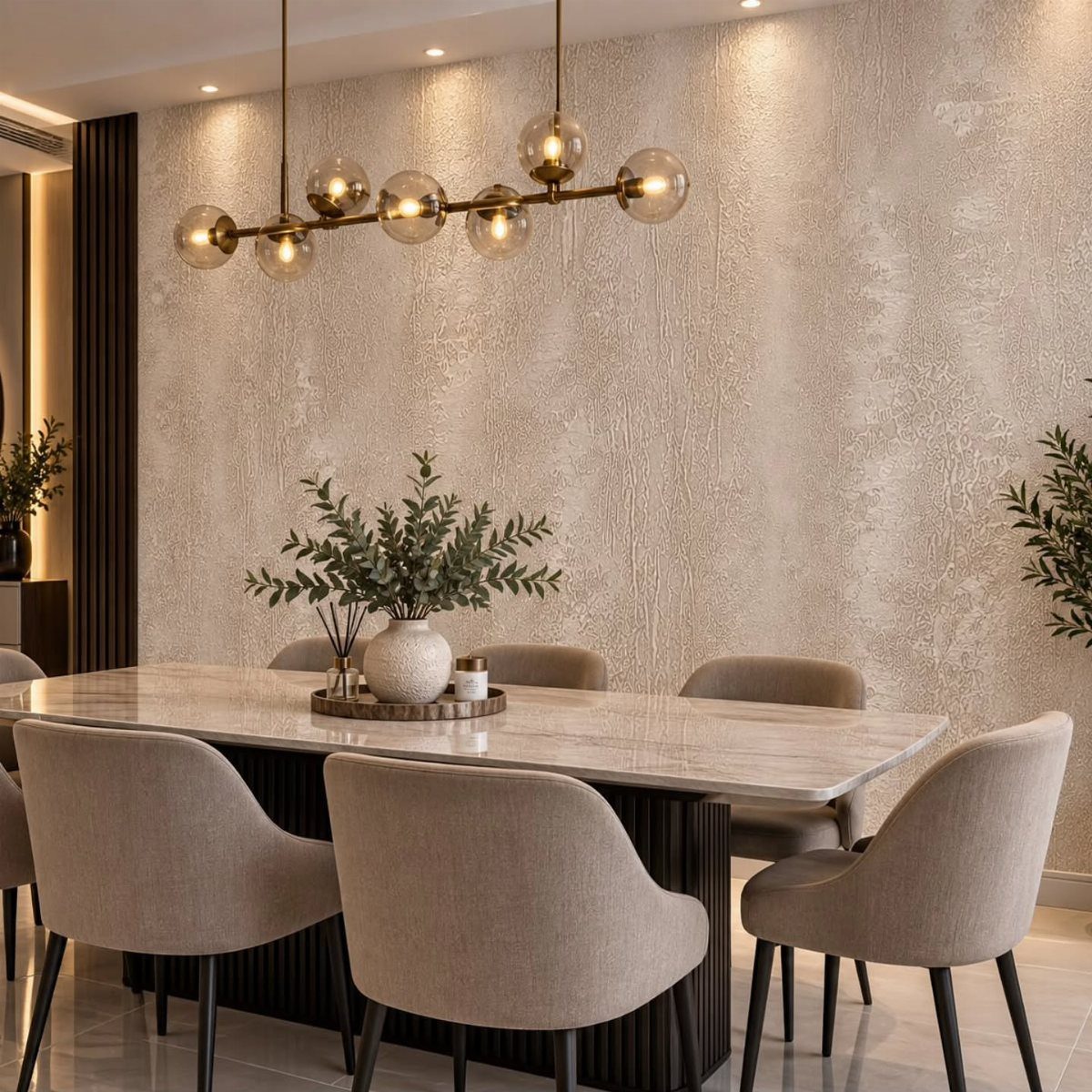 Modern dining room with a marble table, beige chairs, and a textured accent wall.