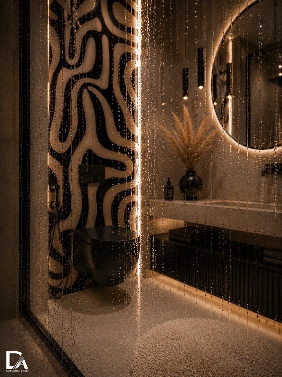 Black and white wavy patterned wall in a modern bathroom with warm ambient lighting.