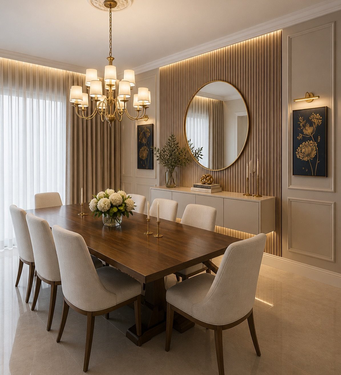 Wooden dining table with cream chairs set against a textured wood slat accent wall.