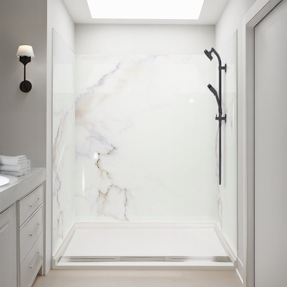 Marble patterned wall panels installed in a modern white shower stall with black fixtures.