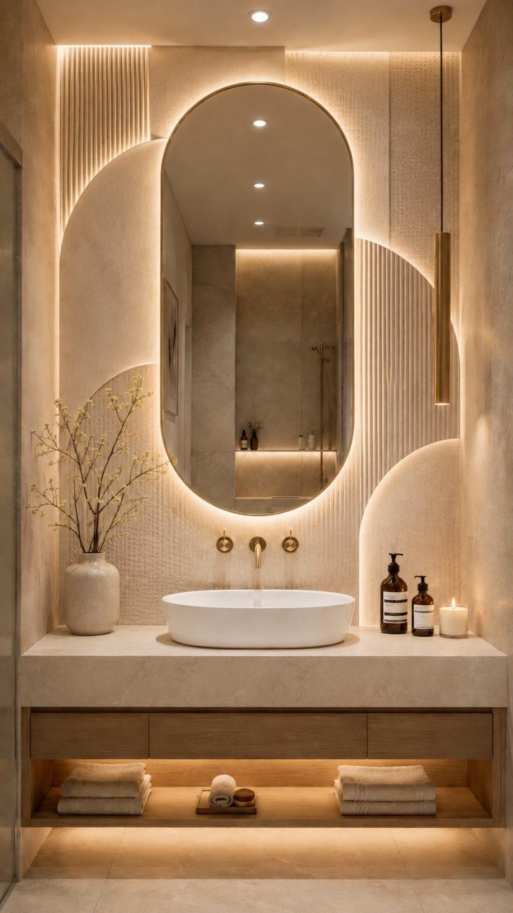 Modern bathroom vanity featuring textured wall panels, a backlit oval mirror, and a white vessel sink.