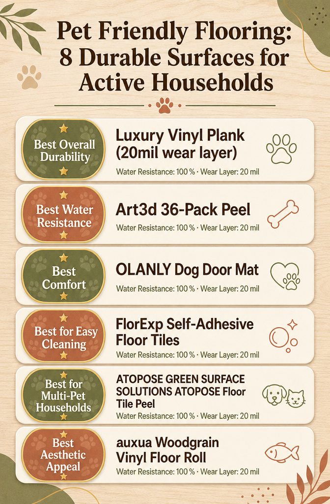 Pet Friendly Flooring: 8 Durable Surfaces for Active Households 4 Infographic comparing different types of pet-friendly flooring