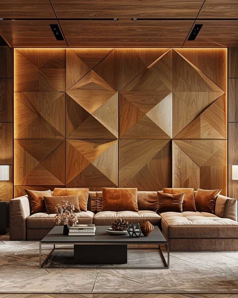 12 Plywood Wall Ideas for Living Rooms, Offices and Bedrooms 2 Geometric wooden wall panels with 3D triangular patterns in a modern living room setting.