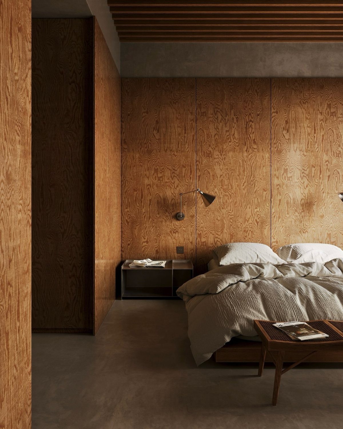 12 Plywood Wall Ideas for Living Rooms, Offices and Bedrooms 3 Plywood panels with natural grain covering a bedroom accent wall behind a bed.