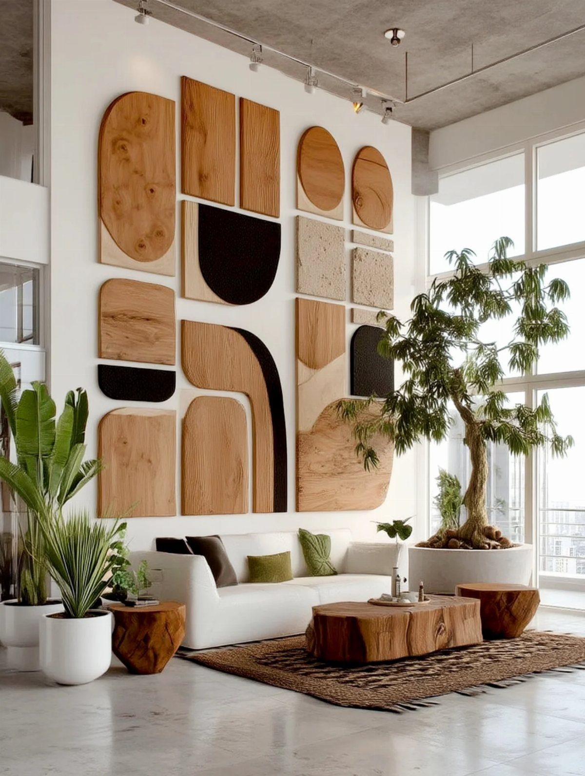 12 Plywood Wall Ideas for Living Rooms, Offices and Bedrooms 12 Abstract plywood wall art panels in various organic shapes decorating a bright, modern living room wall.
