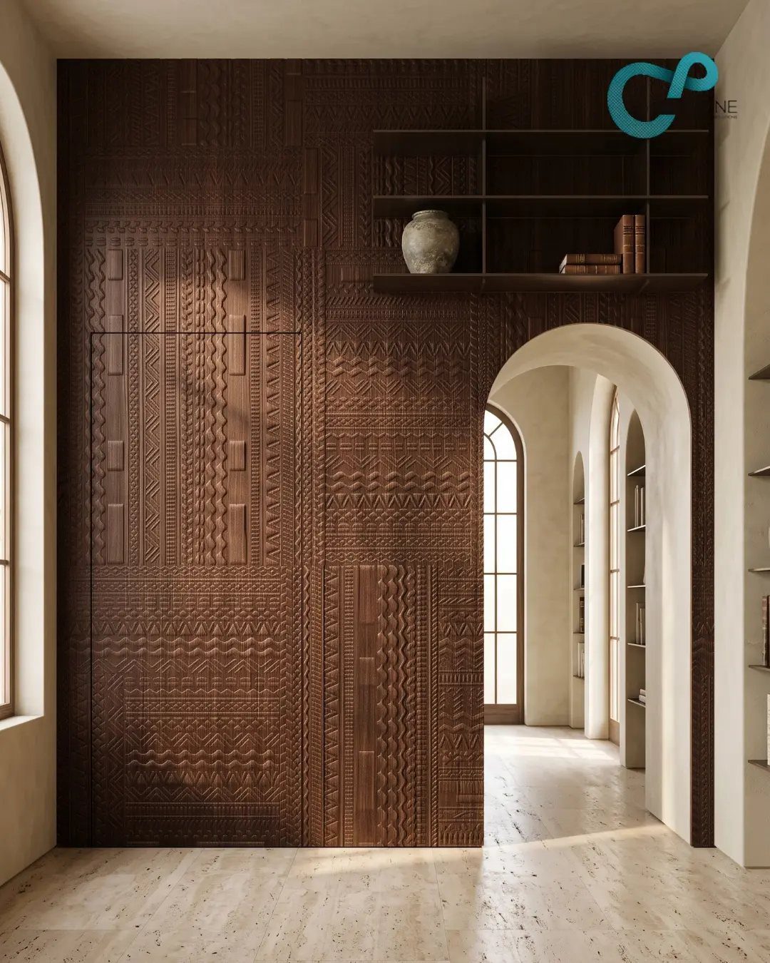 12 Plywood Wall Ideas for Living Rooms, Offices and Bedrooms 5 Dark brown wall with intricate carved geometric patterns and an arched doorway leading to a bright room.