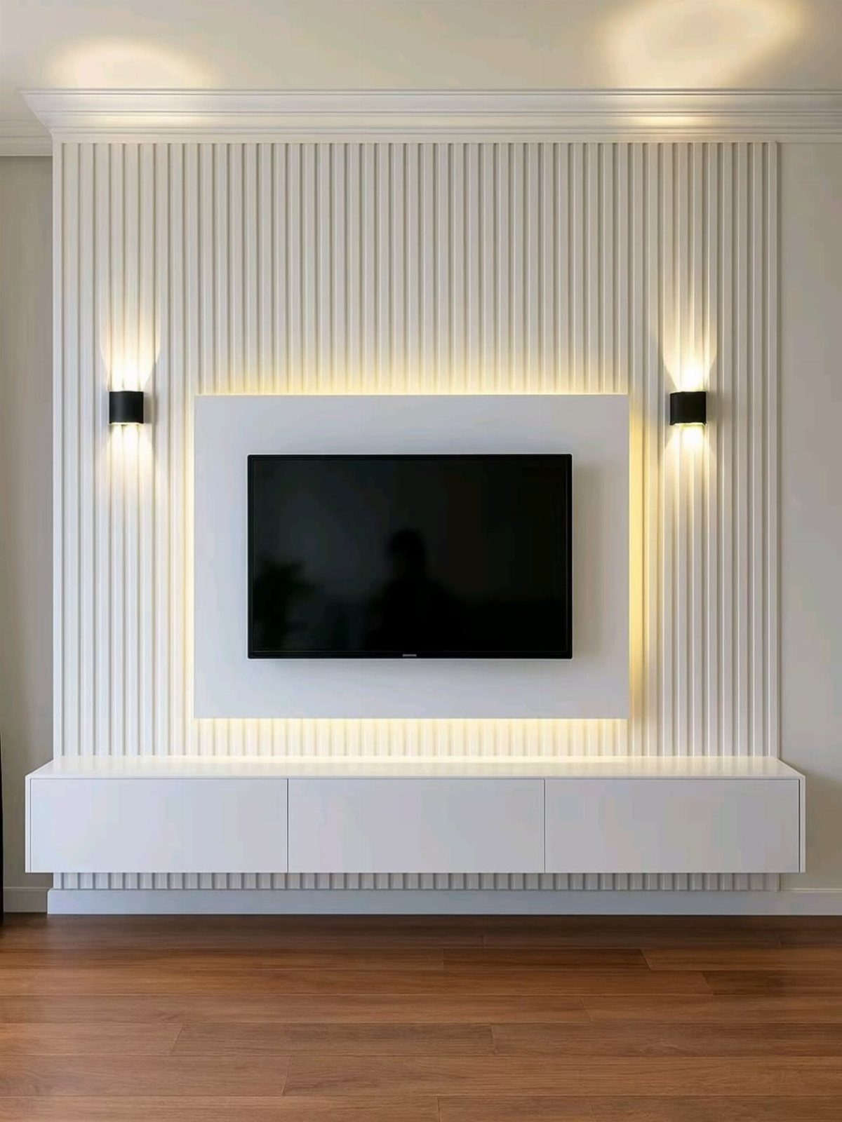 PVC Panel Design: 9 Ideas for Walls, Ceilings and Exteriors 8 White fluted wall panels with a mounted television and floating white console unit.
