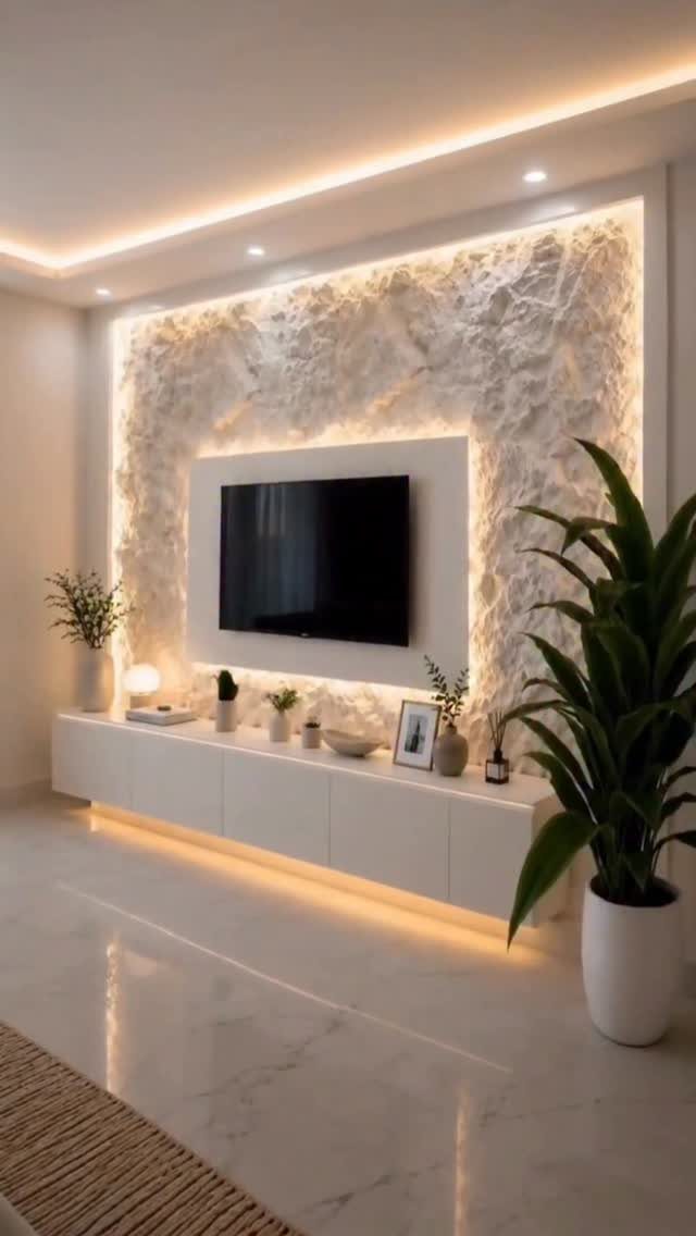 PVC Panel Design: 9 Ideas for Walls, Ceilings and Exteriors 2 Textured white feature wall with integrated LED lighting behind a television and white media console.