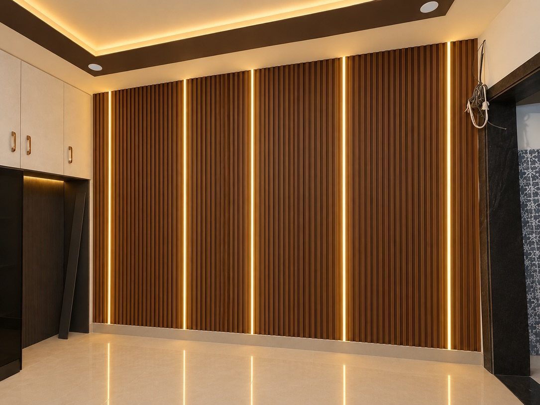 PVC Panel Design: 9 Ideas for Walls, Ceilings and Exteriors 6 Vertical brown wood-textured wall panels separated by glowing vertical LED light strips in a modern room.