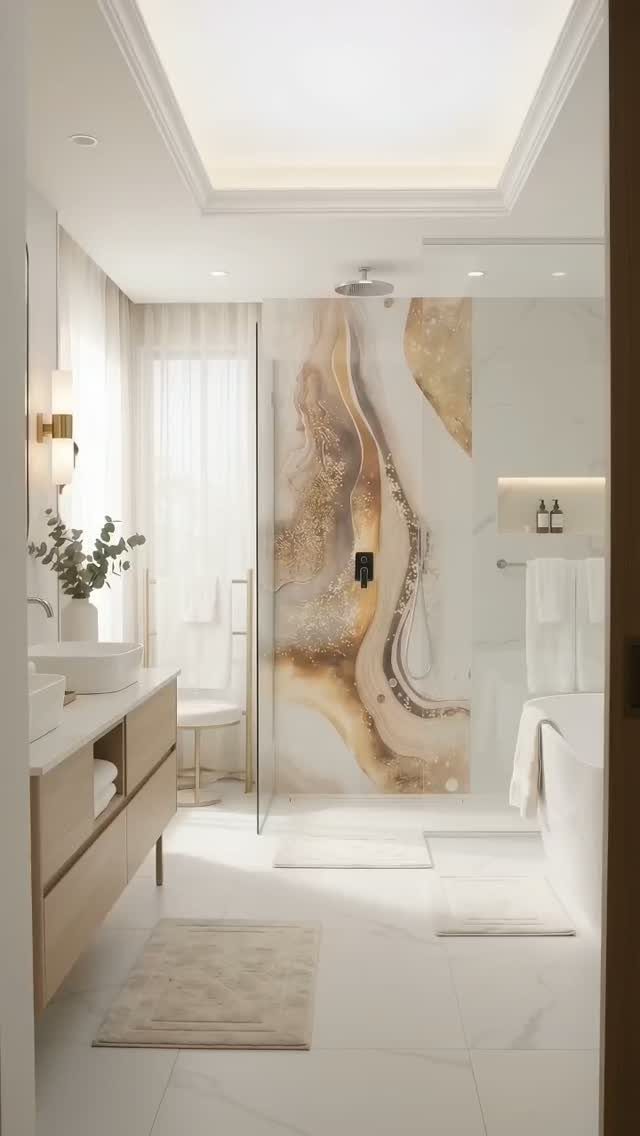 PVC Panel Design: 9 Ideas for Walls, Ceilings and Exteriors 7 Modern bathroom with a large gold and white marble patterned decorative wall panel in the shower area.