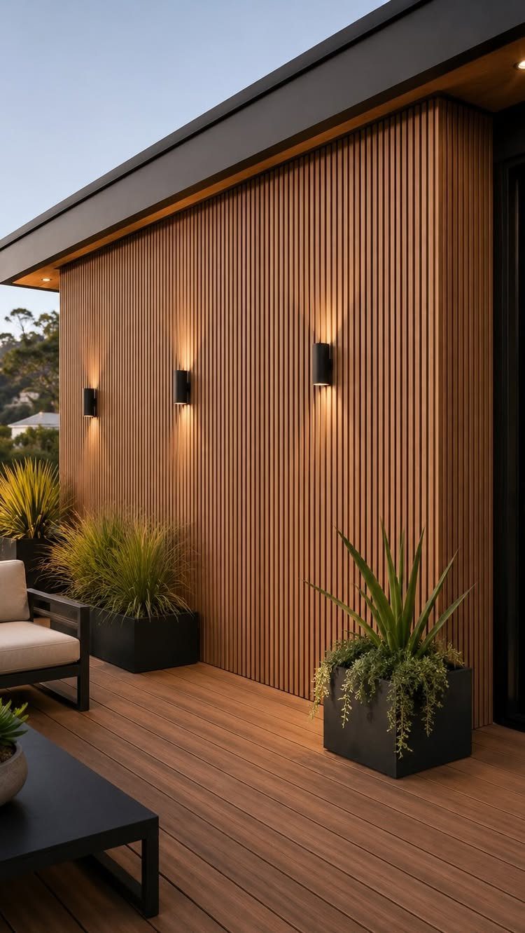 PVC Panel Design: 9 Ideas for Walls, Ceilings and Exteriors 3 Vertical wood-textured PVC wall panels on an exterior building with outdoor lighting and plants.