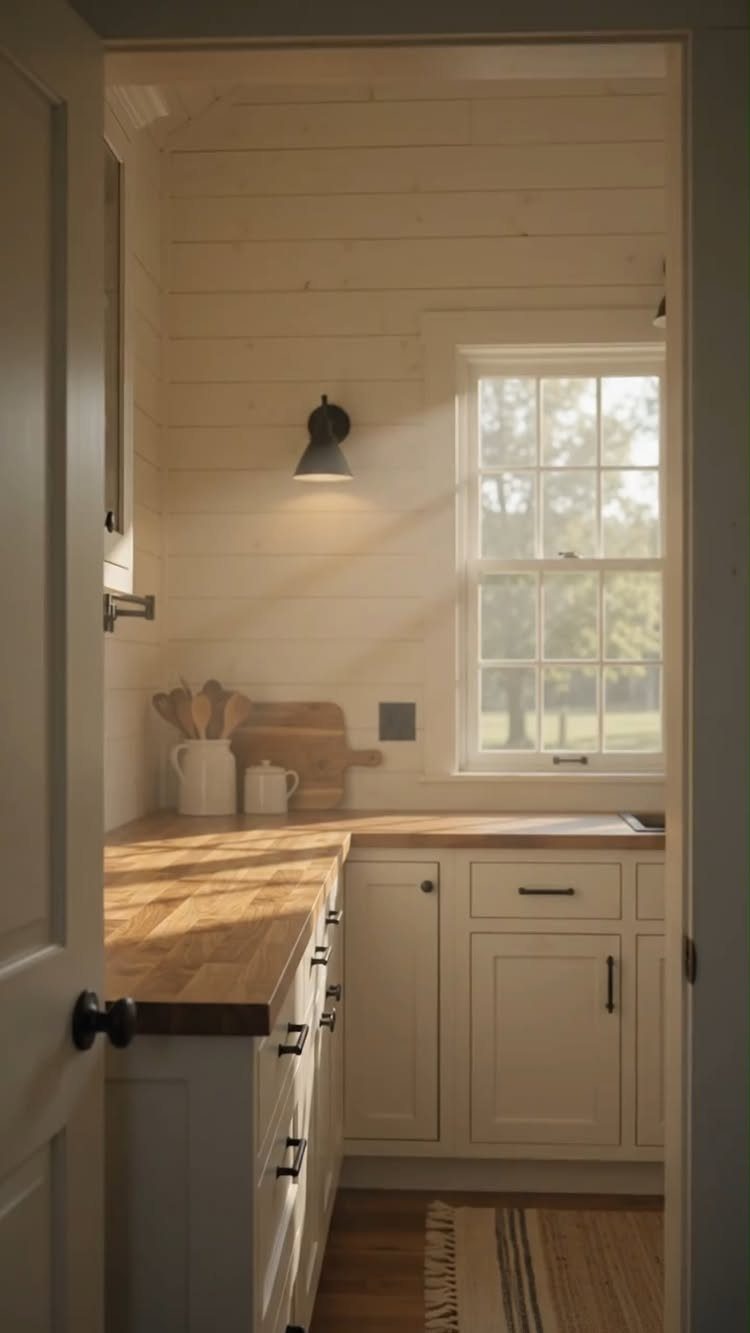 29 Rustic Farmhouse Kitchen Ideas That Feel Collected, Not Cataloged 2 Butcher block countertops on white shaker-style cabinets in a bright, rustic kitchen setting.
