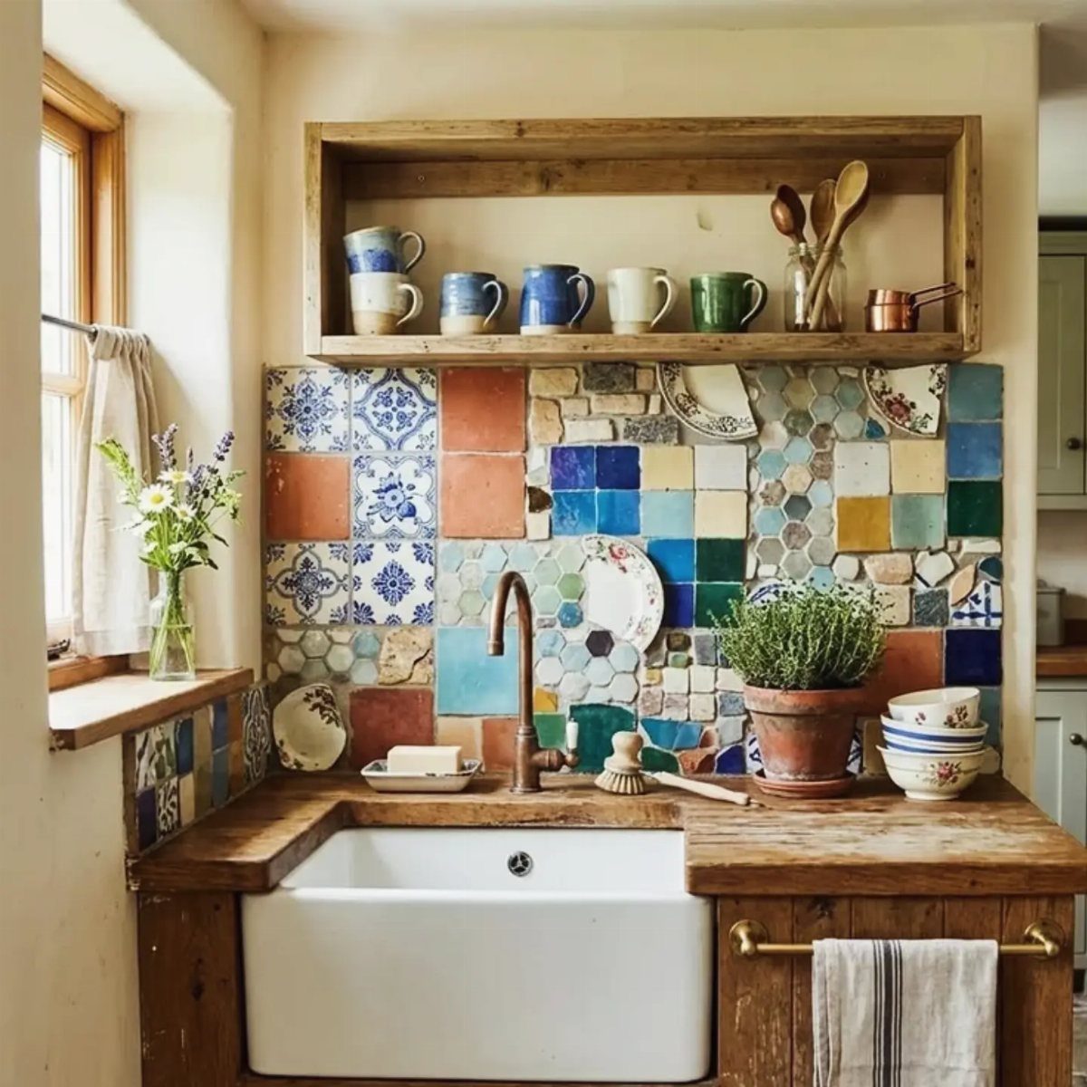 29 Rustic Farmhouse Kitchen Ideas That Feel Collected, Not Cataloged 21 Colorful mismatched ceramic tiles form a backsplash above a white farmhouse sink and wooden countertop.