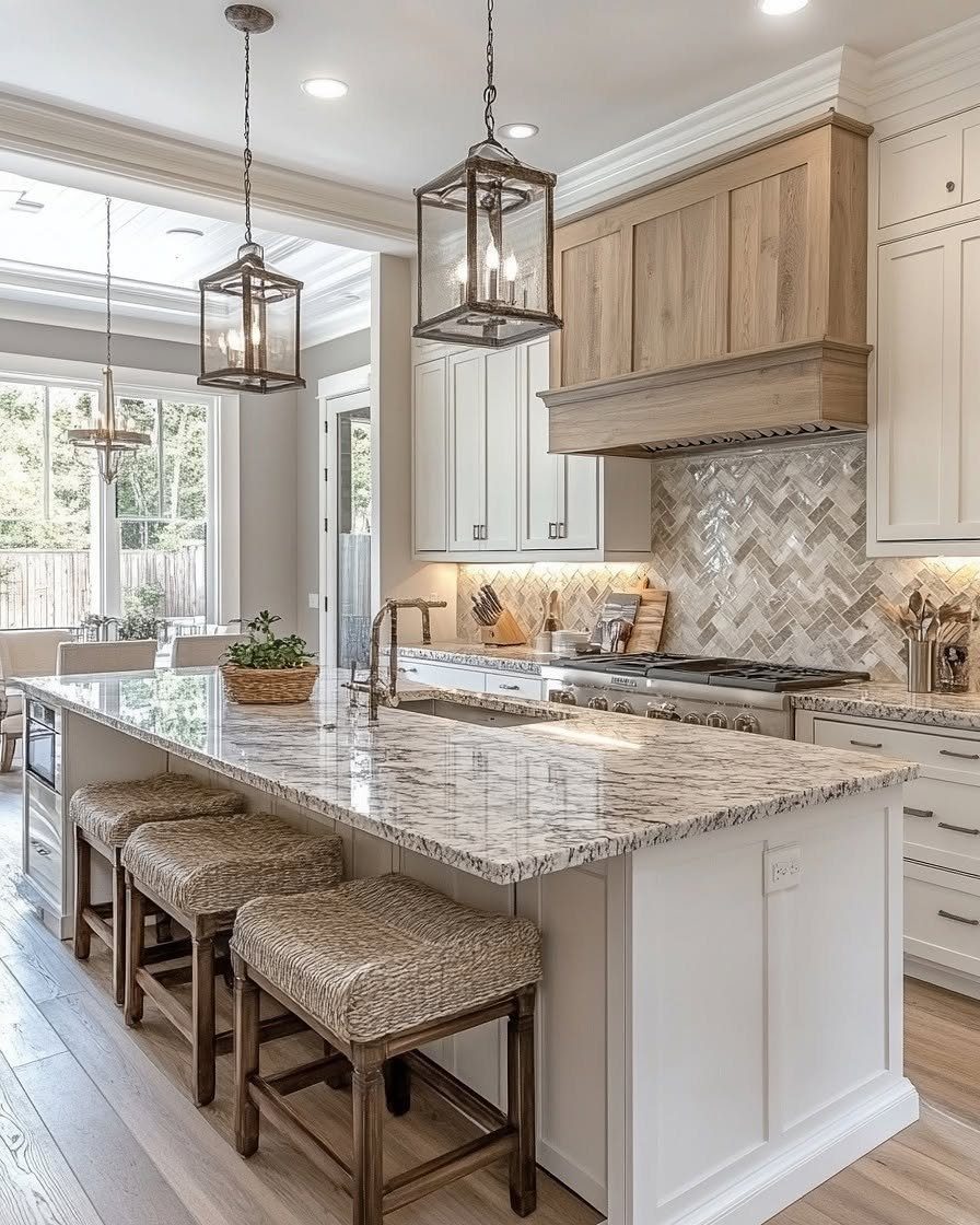 29 Rustic Farmhouse Kitchen Ideas That Feel Collected, Not Cataloged 27 Large granite kitchen island with woven stools, white cabinetry, and lantern pendant lights.
