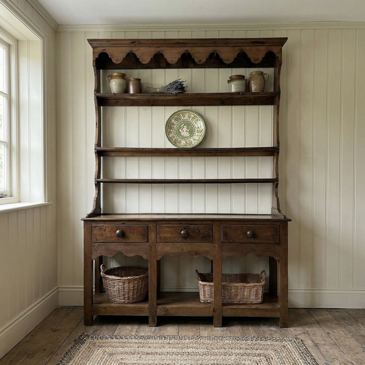 29 Rustic Farmhouse Kitchen Ideas That Feel Collected, Not Cataloged 24 A dark wood freestanding dresser with open shelves and storage baskets against a beadboard wall.