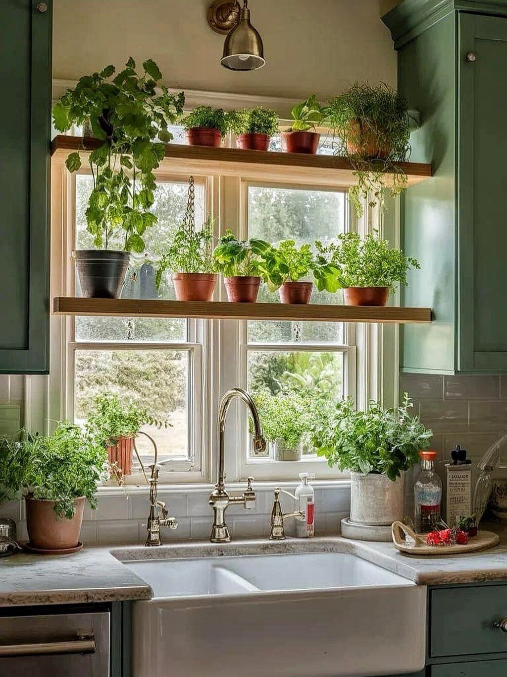 29 Rustic Farmhouse Kitchen Ideas That Feel Collected, Not Cataloged 13 Green potted herbs arranged on wooden shelves in front of a bright kitchen window.