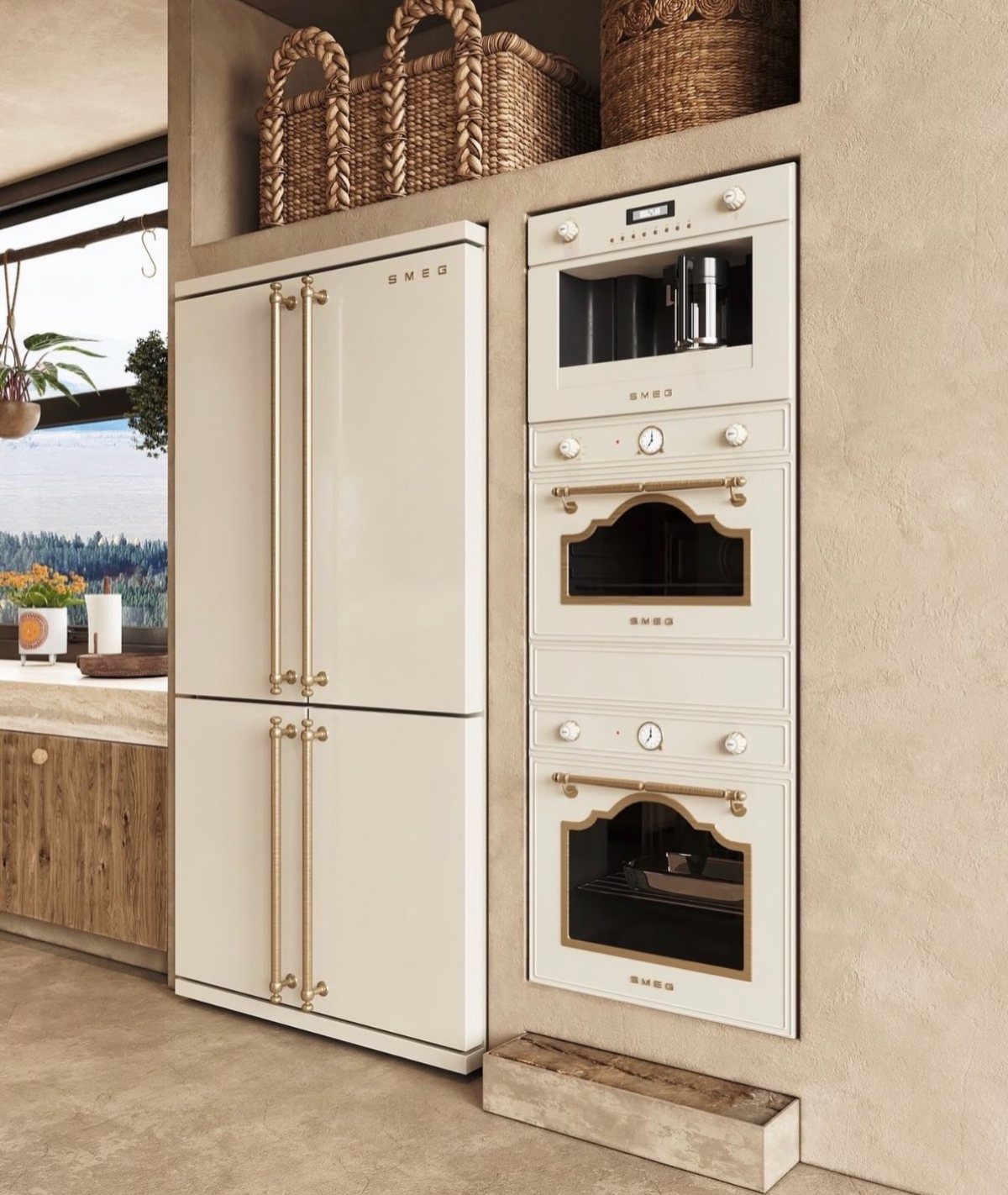 29 Rustic Farmhouse Kitchen Ideas That Feel Collected, Not Cataloged 6 Cream-colored Smeg refrigerator and vintage-style ovens with gold hardware in a rustic kitchen.