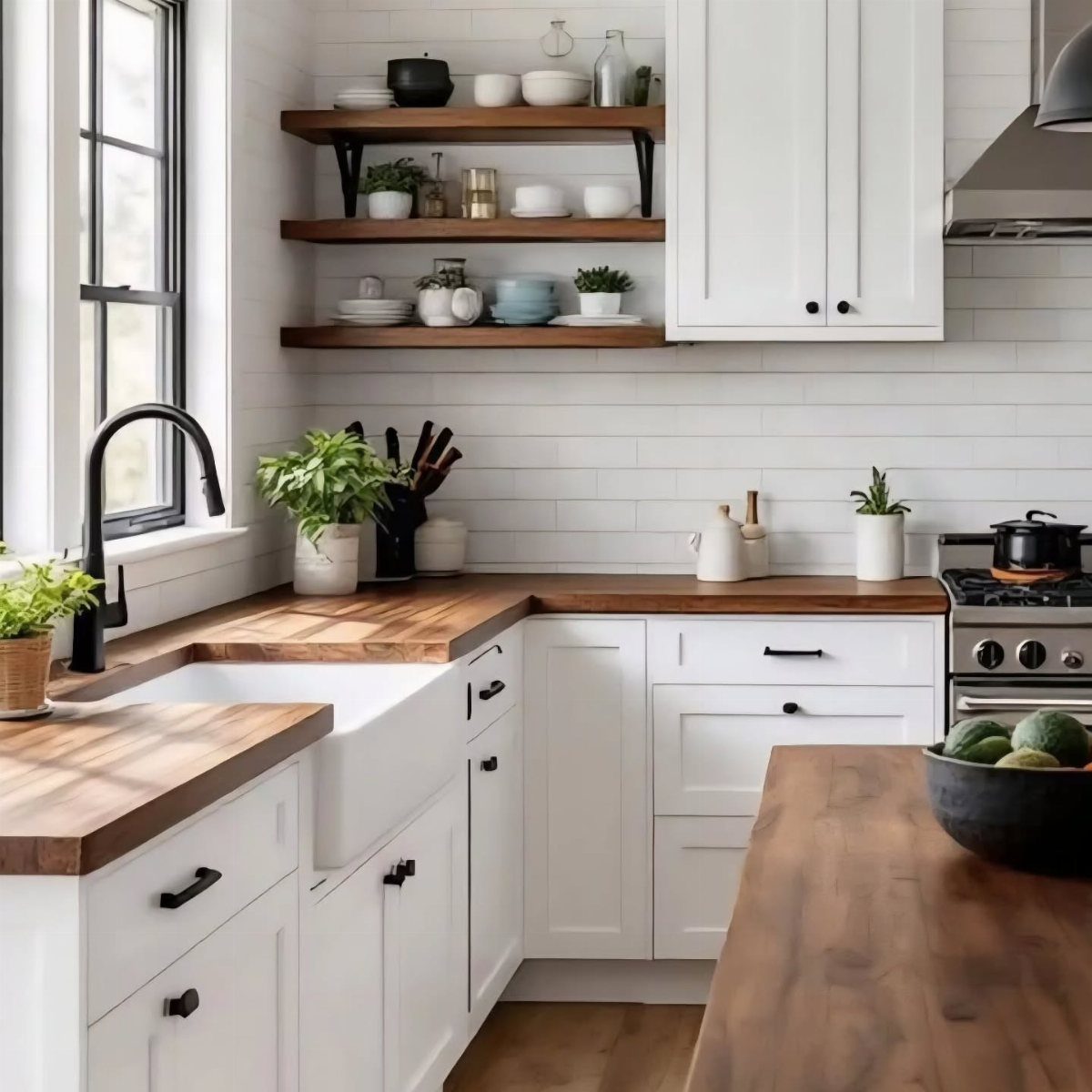 29 Rustic Farmhouse Kitchen Ideas That Feel Collected, Not Cataloged 4 White kitchen cabinets with butcher block countertops, open wooden shelves, and a farmhouse sink.