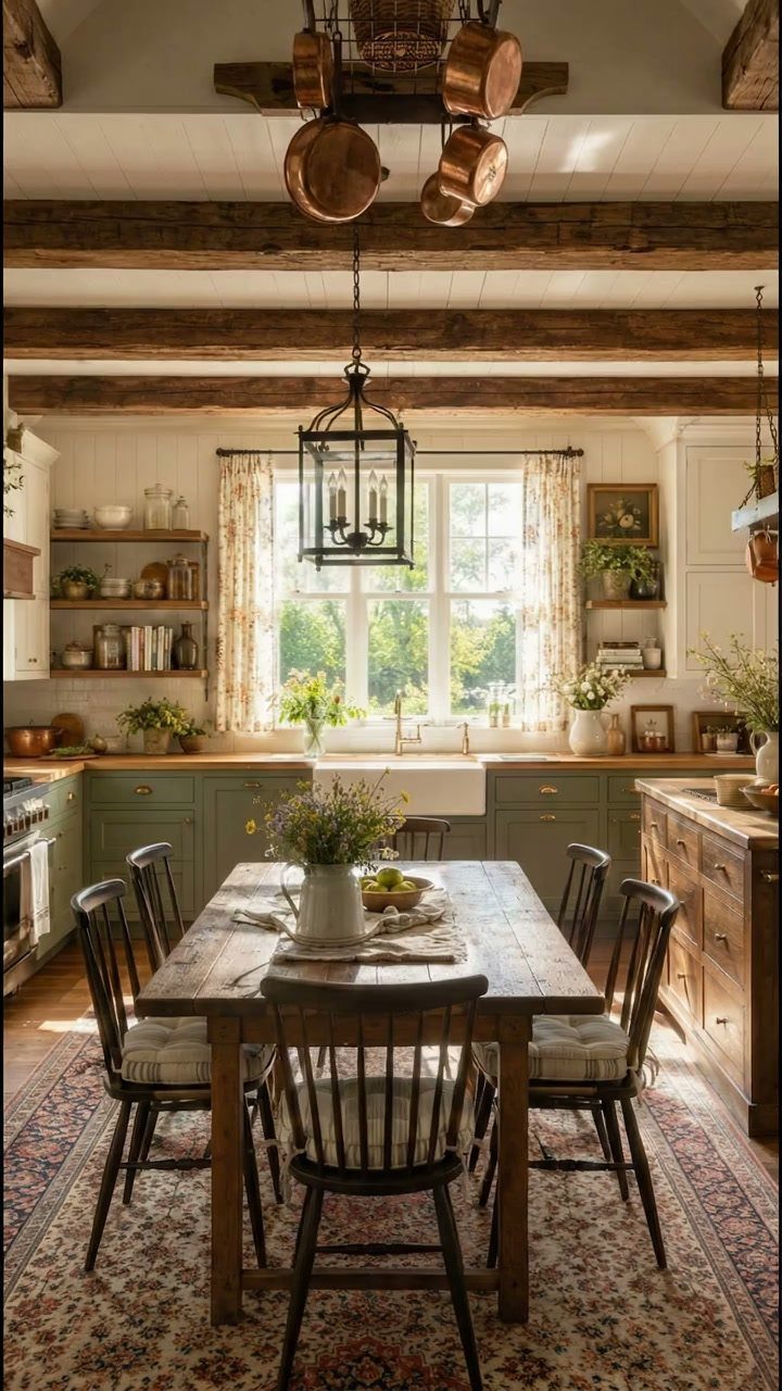 29 Rustic Farmhouse Kitchen Ideas That Feel Collected, Not Cataloged 8 Rustic kitchen with a wooden dining table, green cabinets, and hanging copper pots.