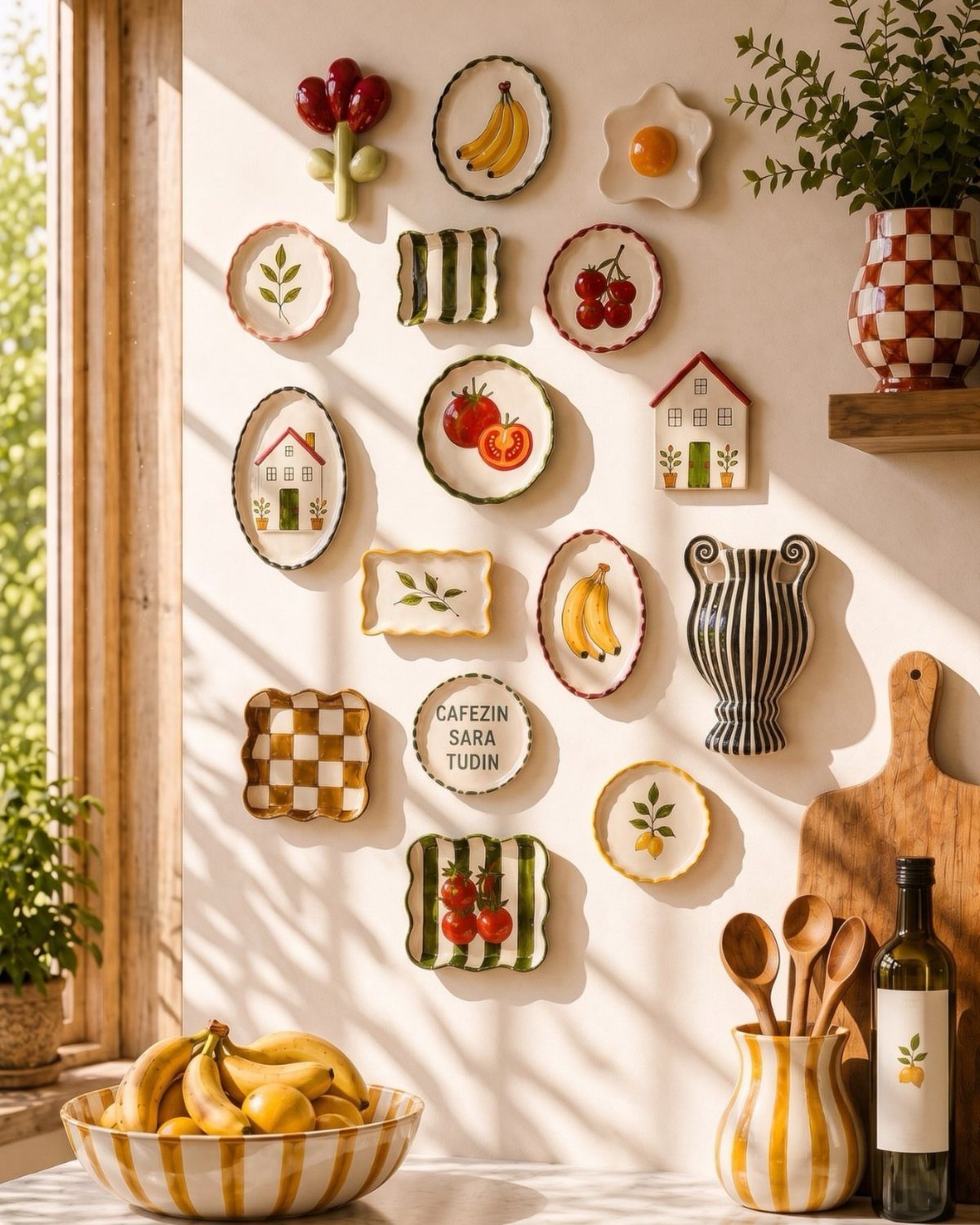 29 Rustic Farmhouse Kitchen Ideas That Feel Collected, Not Cataloged 12 Decorative ceramic plates with fruit and house patterns arranged on a light wall.