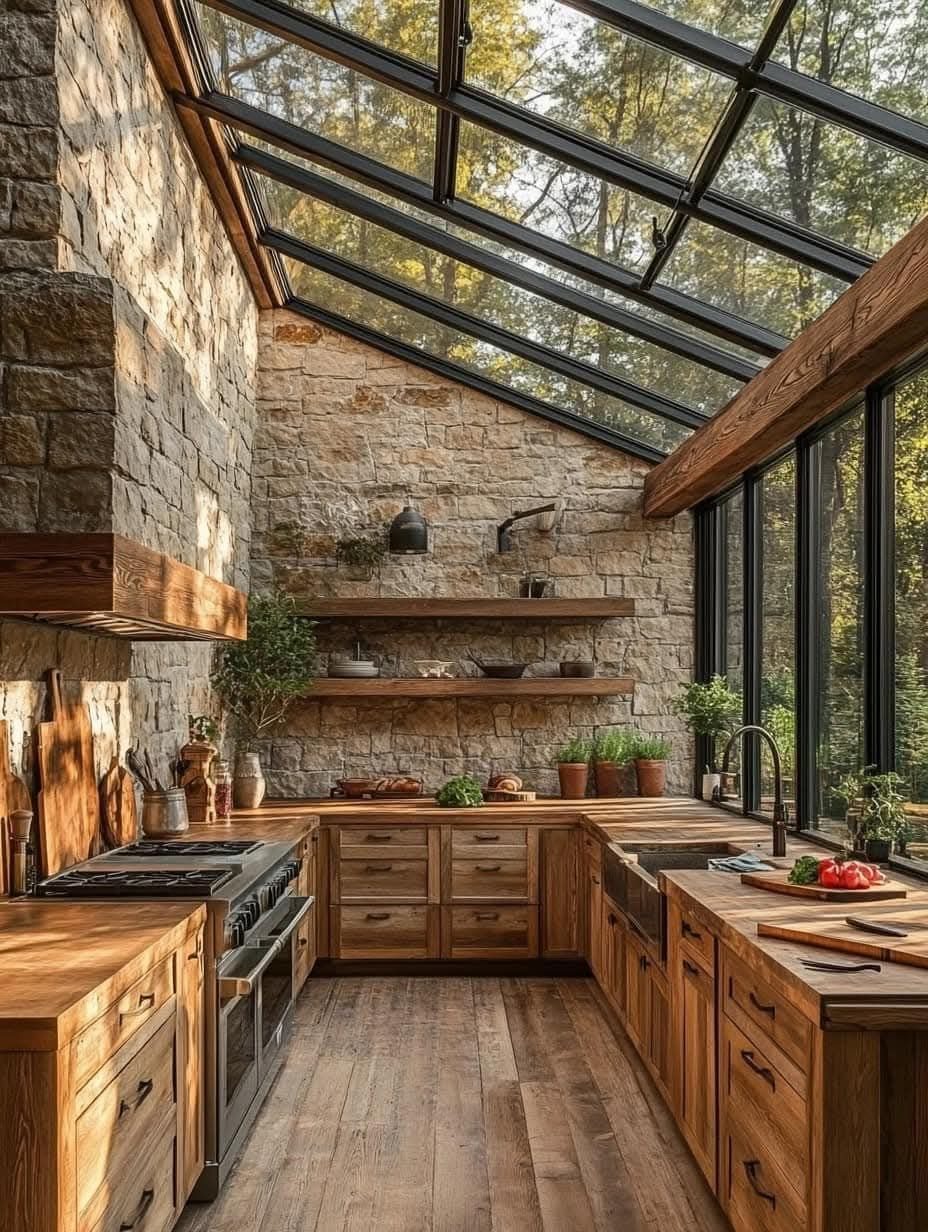 29 Rustic Farmhouse Kitchen Ideas That Feel Collected, Not Cataloged 10 Stone walls and wooden cabinetry in a rustic kitchen with a large glass ceiling.