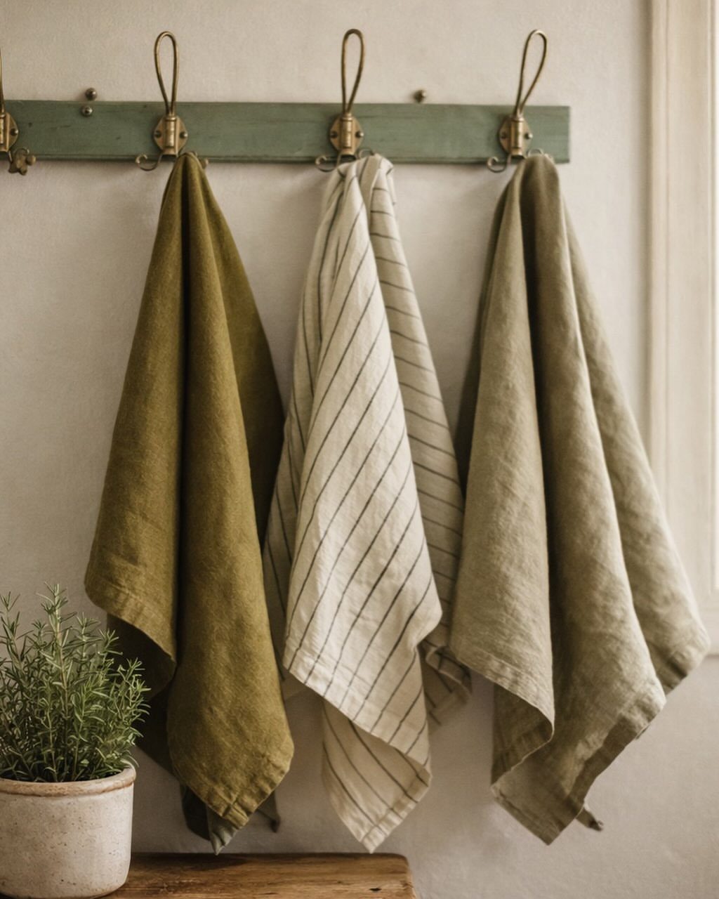 29 Rustic Farmhouse Kitchen Ideas That Feel Collected, Not Cataloged 23 Three linen kitchen towels hanging from brass hooks on a rustic teal wooden wall rack.