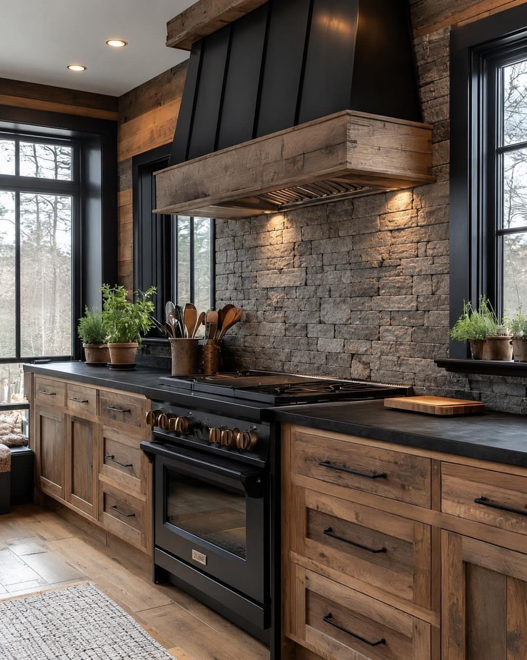 29 Rustic Farmhouse Kitchen Ideas That Feel Collected, Not Cataloged 29 Rustic kitchen with natural wood cabinets, black countertops, and a stone backsplash surrounding a black stove.