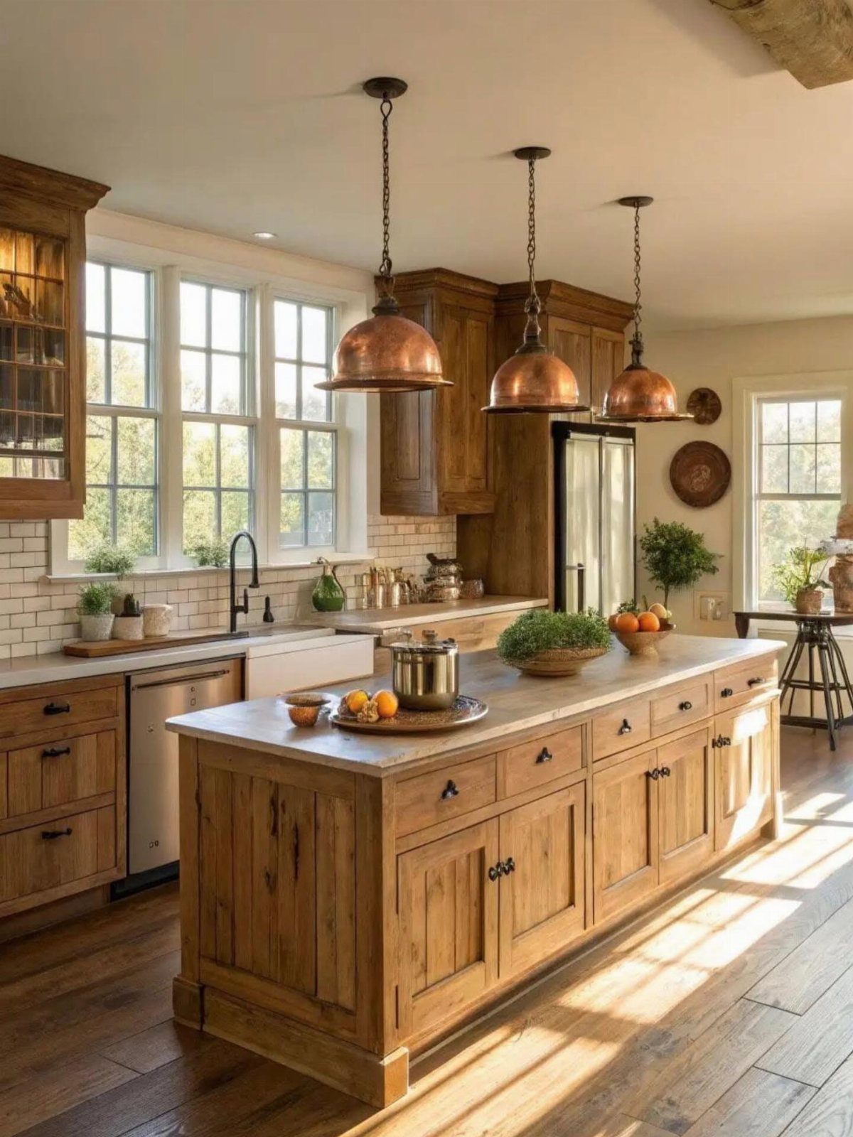 29 Rustic Farmhouse Kitchen Ideas That Feel Collected, Not Cataloged 5 Three copper pendant lights hanging over a rustic wooden kitchen island in a sunlit room.