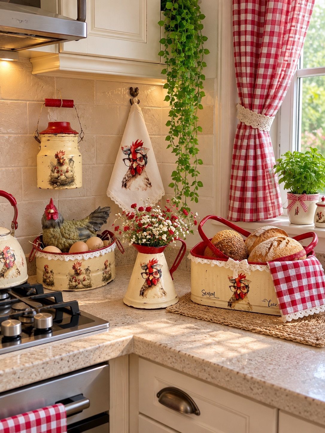 29 Rustic Farmhouse Kitchen Ideas That Feel Collected, Not Cataloged 17 Vintage cream-colored kitchenware with chicken illustrations sits on a light granite countertop near a window.