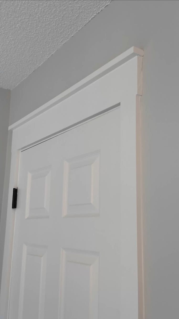 White paneled door with simple flat trim installed against a grey wall.
