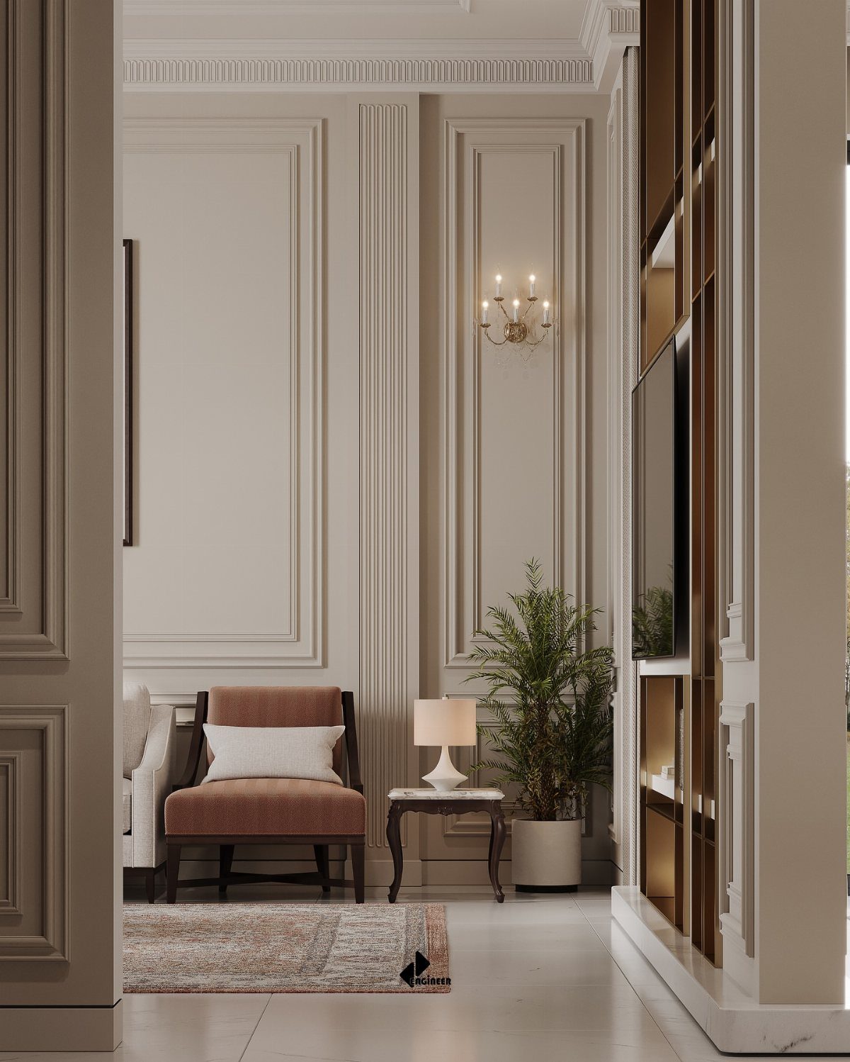 Classic neutral wainscoting with large rectangular wall moldings and fluted pilasters in a living room.