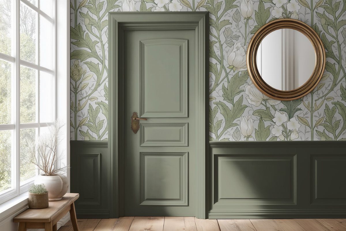 Sage green wainscoting and door set against floral wallpaper in a bright room.