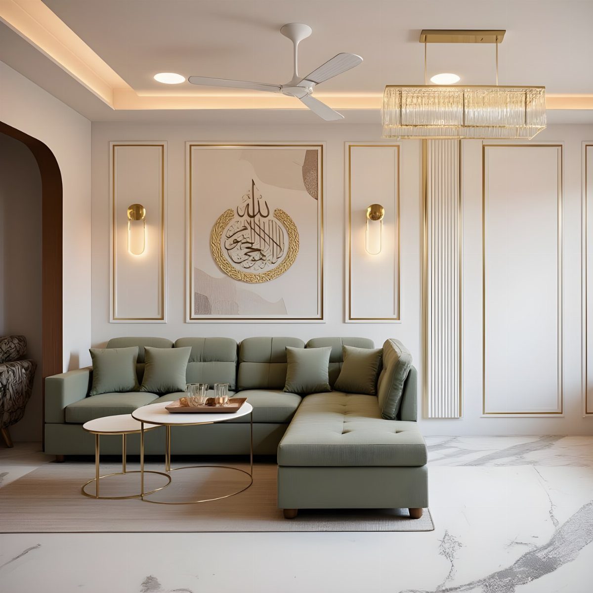 Modern living room with gold-trimmed wall paneling, a sage green sofa, and marble flooring.