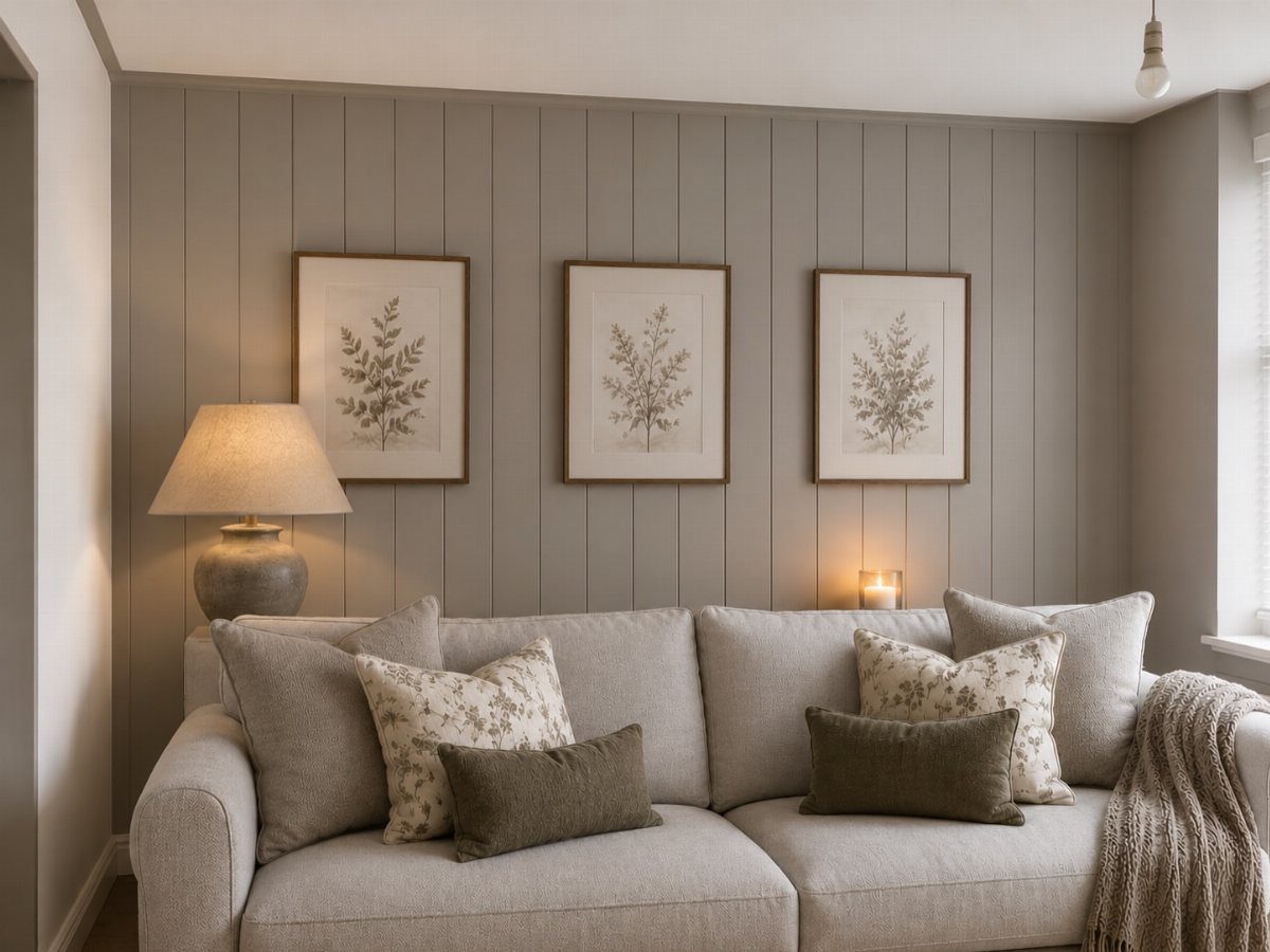 Taupe vertical wood paneling on a living room wall behind a beige sofa and botanical prints.