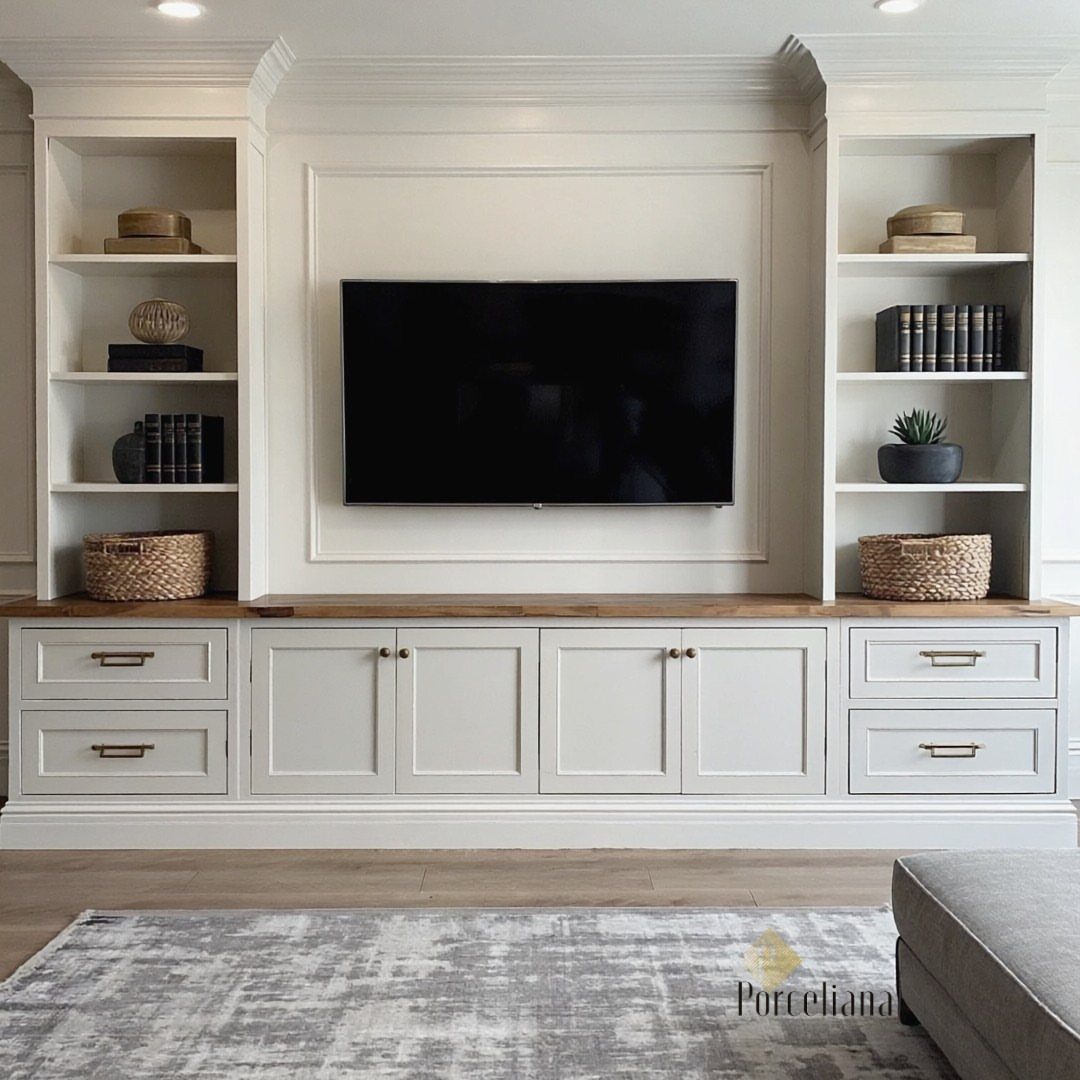 23 Wall Decor Design Ideas (Gallery Walls, Moss Walls, Rattan) 23 Built-in white cabinetry with open shelves, a central television, and wooden countertop in a living room.