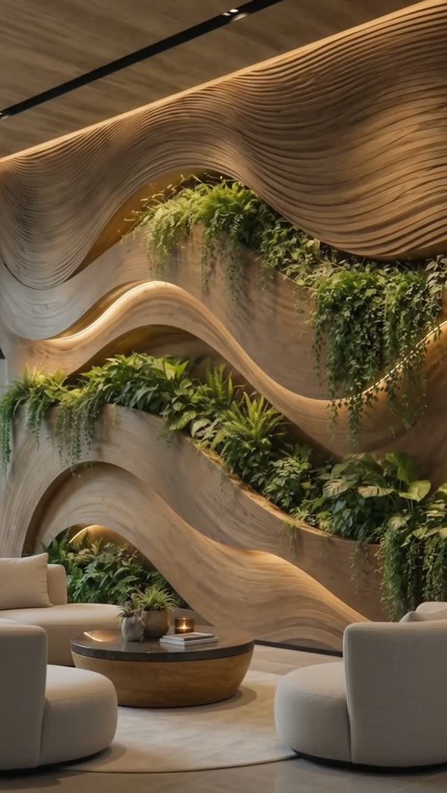 23 Wall Decor Design Ideas (Gallery Walls, Moss Walls, Rattan) 8 Wavy wooden sculptural wall with green plants growing from the recessed curves in a modern room.