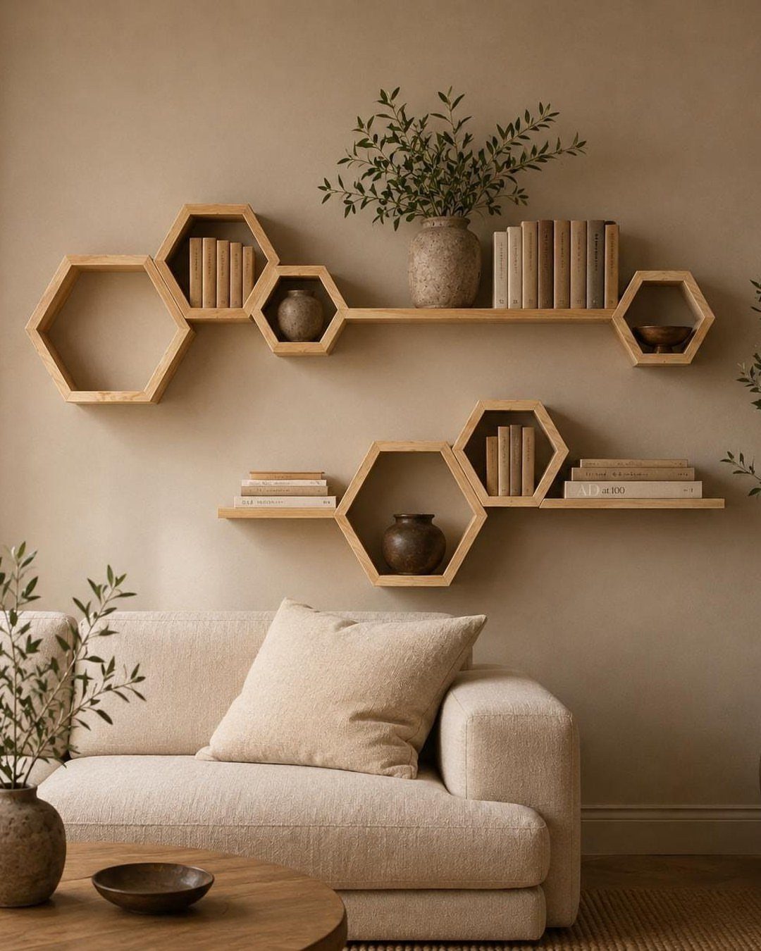 23 Wall Decor Design Ideas (Gallery Walls, Moss Walls, Rattan) 4 Hexagonal wooden floating shelves holding books and decor on a beige wall above a sofa.