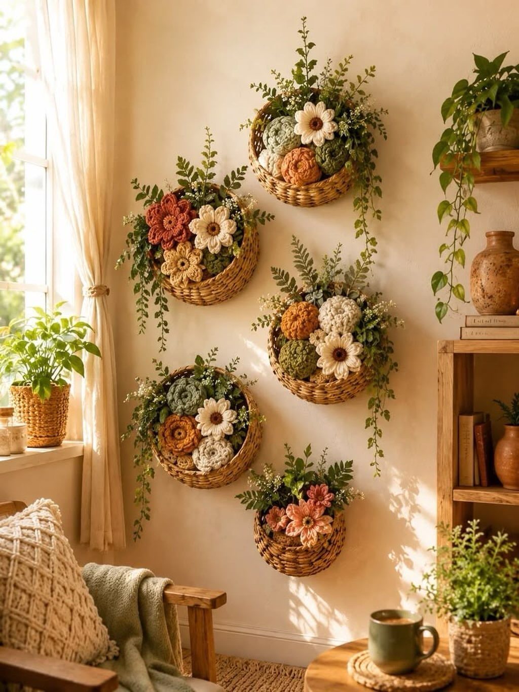 23 Wall Decor Design Ideas (Gallery Walls, Moss Walls, Rattan) 11 Woven round baskets filled with flowers and greenery hanging on a sunlit wall.